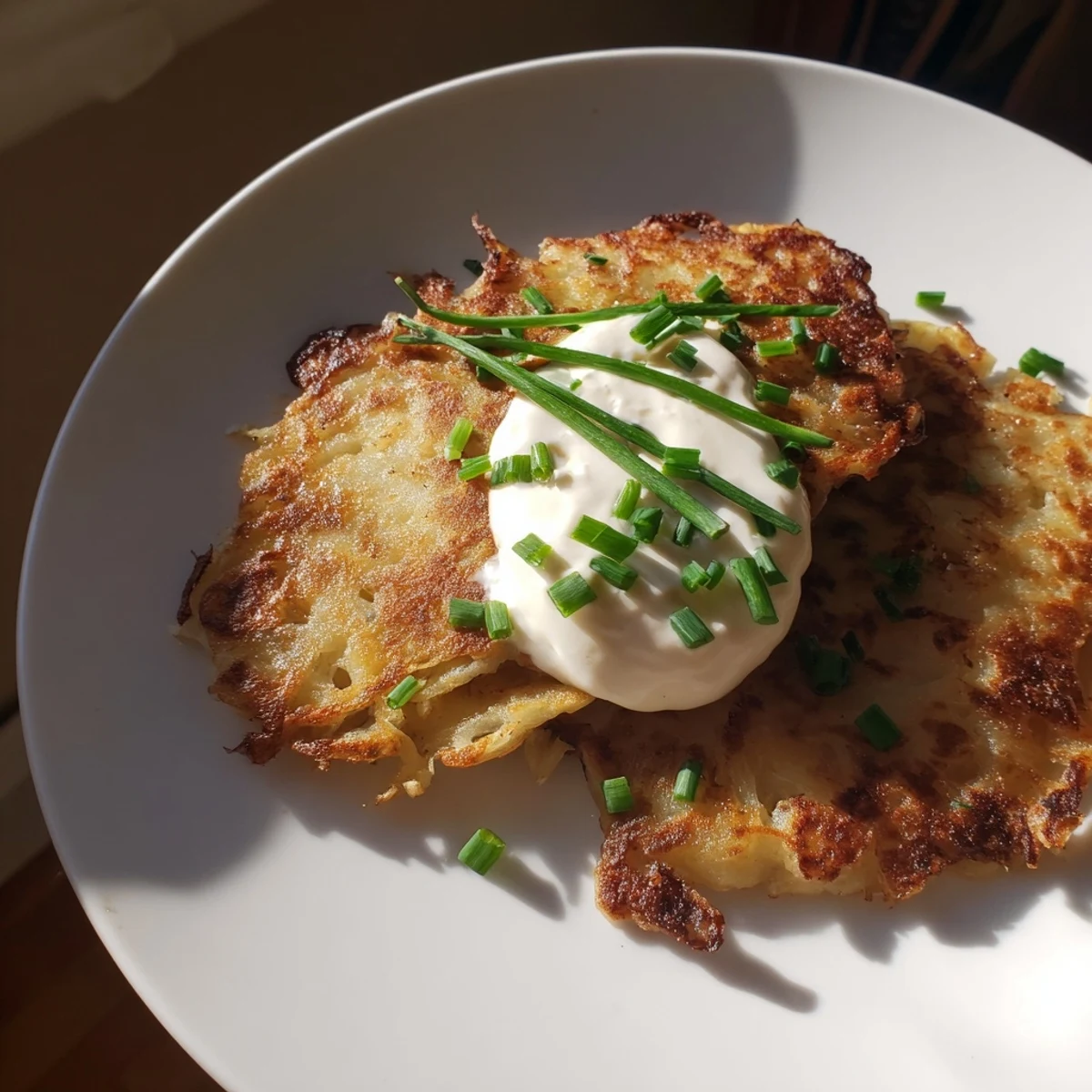Homemade Irish Boxty with Sour Cream and Chives stacked on a rustic plate next to fresh chives.  