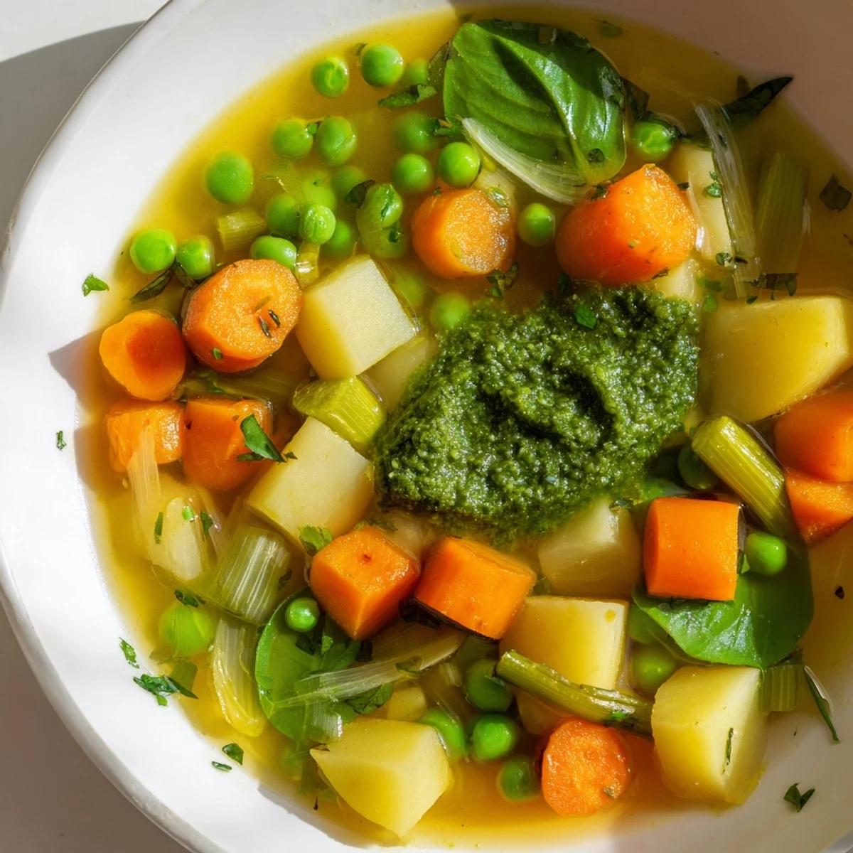 Fresh Spring Vegetable Soup with Pesto Swirl served in a white bowl, steaming with vibrant green peas and carrots.