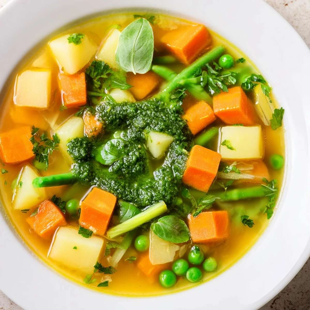 Spring Vegetable Soup with Pesto Swirl features tender zucchini and green beans in a savory broth topped with olive oil drizzle.