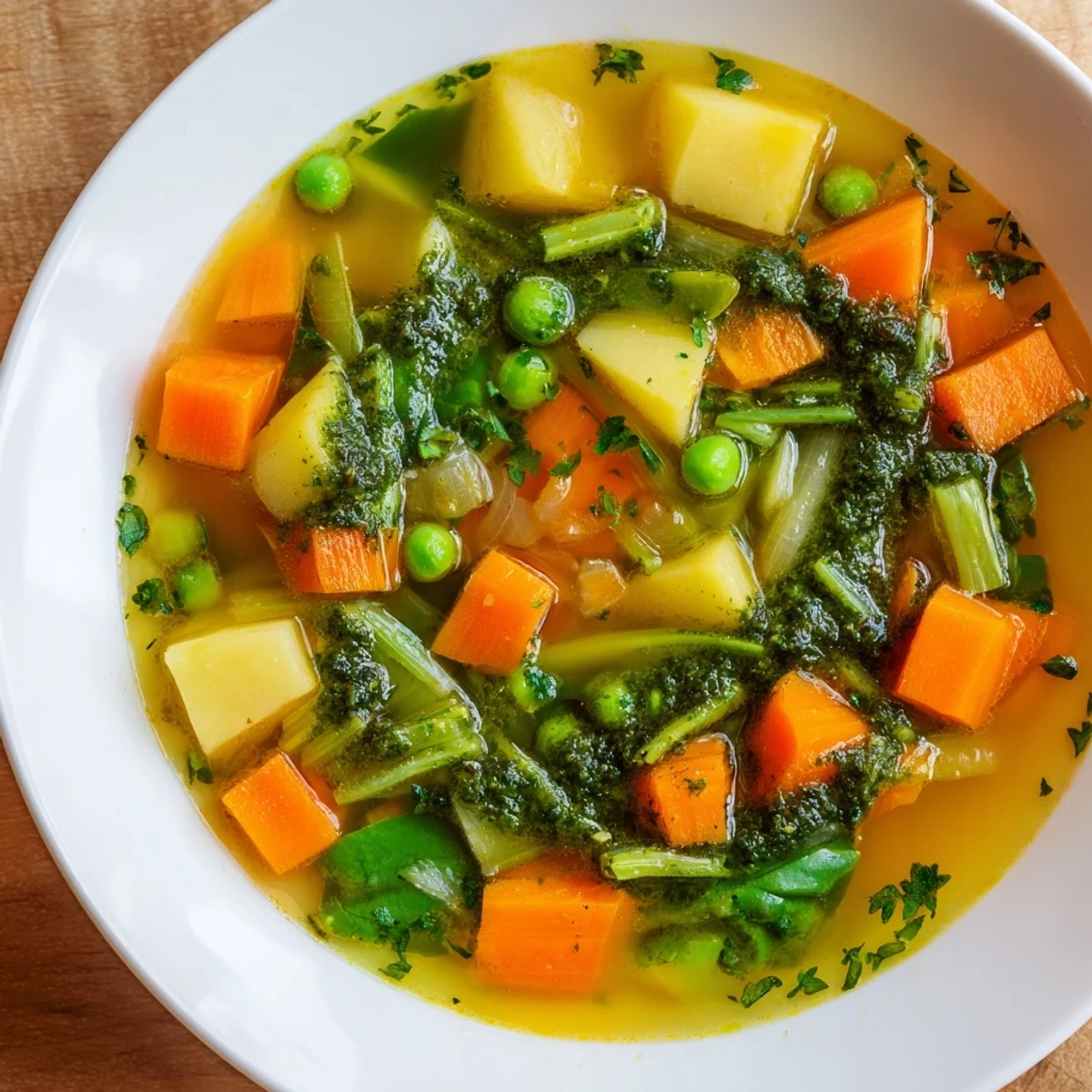 A spoon swirls basil pesto into a warm bowl of Spring Vegetable Soup with Pesto Swirl next to crusty bread.