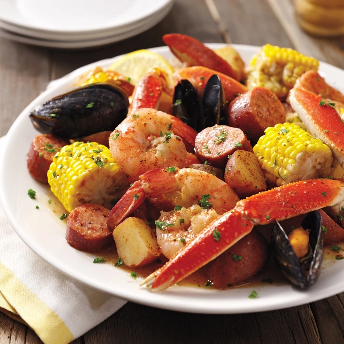 Ein dampfender Cajun Seafood Boil mit knackigem Mais und würziger Andouille-Wurst auf einem rustikalen Teller.