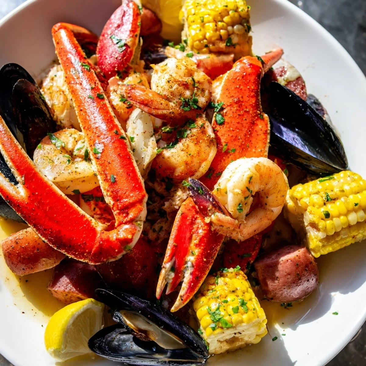 Cajun Seafood Boil mit saftigen Krabben, Garnelen und Mais, bestreut mit frischen Petersilienblättern.