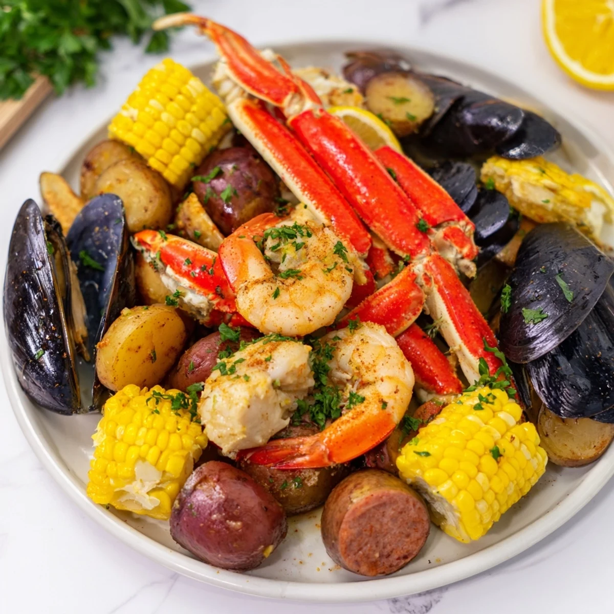 Gemeinschaftliches Cajun Seafood Boil mit Schalentieren, Kartoffeln und Wurst, serviert mit Butter und Zitronenscheiben.