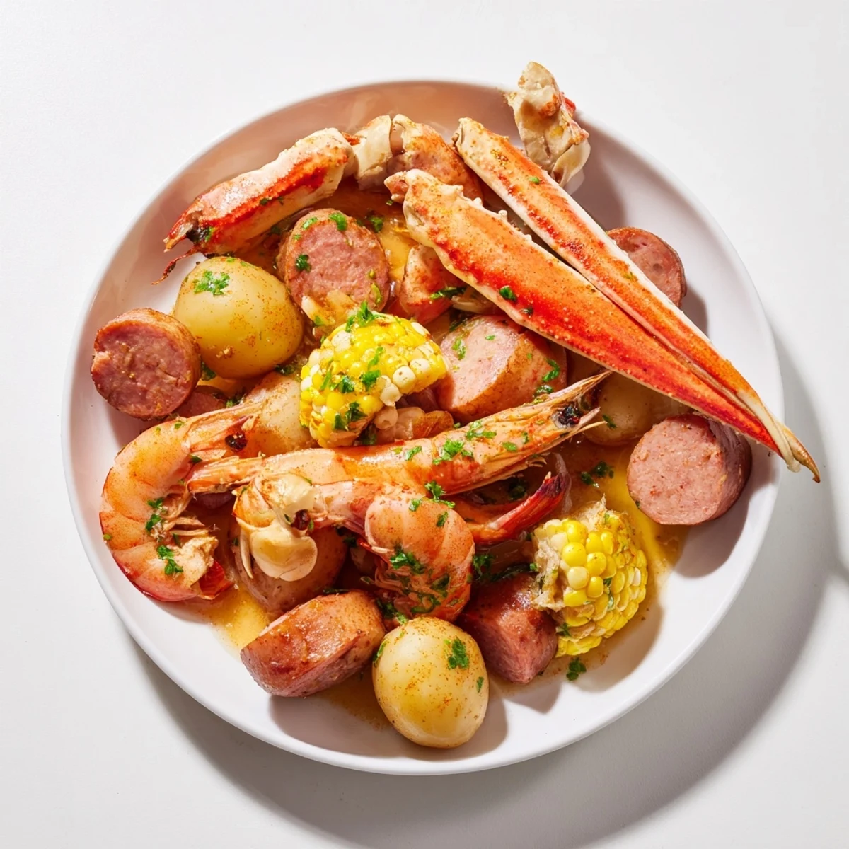 Large platter of Cajun Seafood Boil with Corn and Sausage featuring shrimp, crab, and spicy andouille.