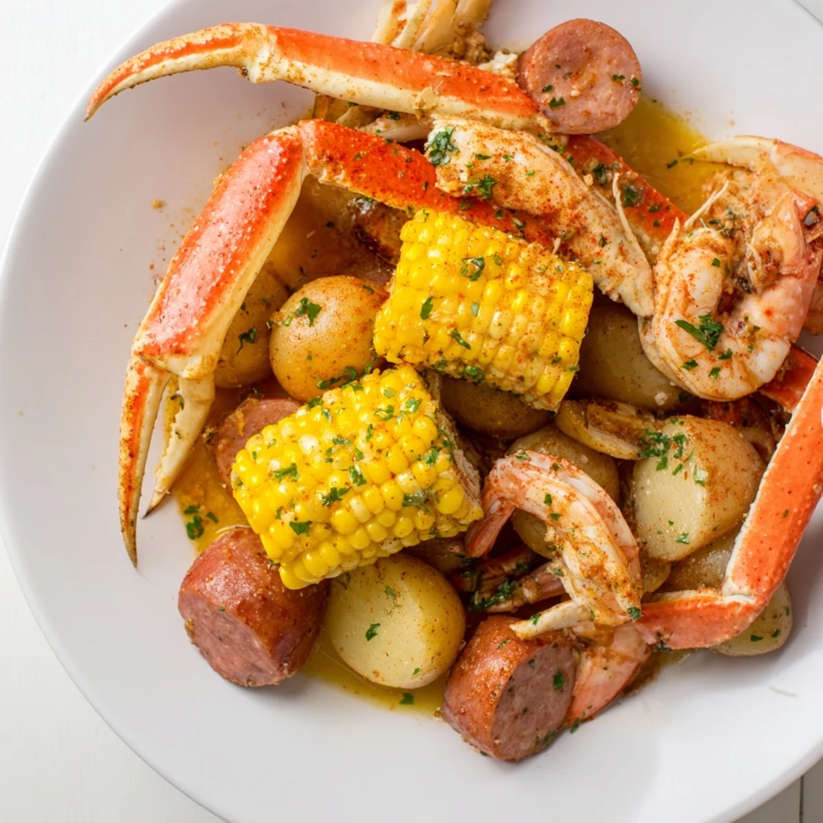 Steam rises from the Cajun Seafood Boil with Corn and Sausage served on a newspaper-lined table.