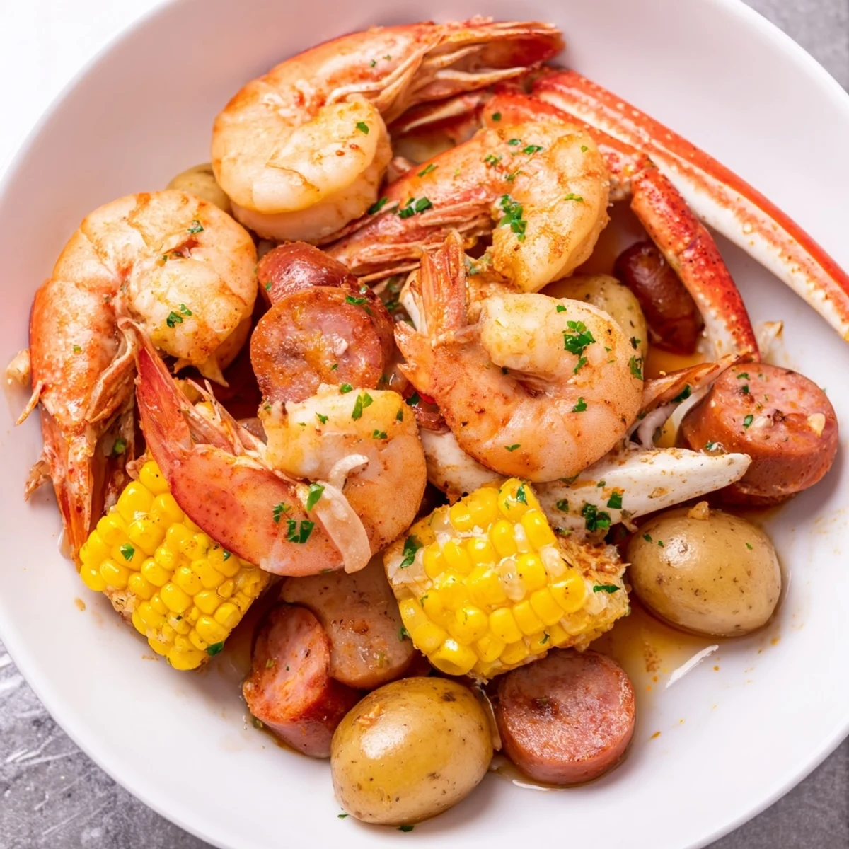 Close-up of Cajun Seafood Boil with Corn and Sausage showing butter-drizzled shrimp and corn on the cob.