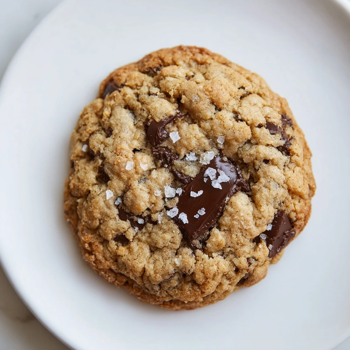 Close-up side shot showing gooey melted chocolate chips in a Chocolate Chip Cookies with Sea Salt on a ceramic plate.