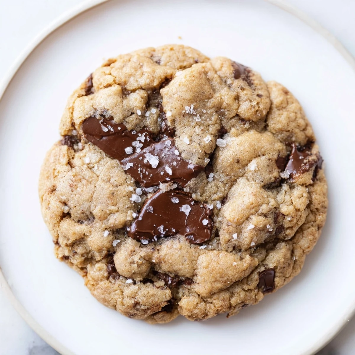 Chocolate Chip Cookies with Sea Salt stacked high on a marble countertop, flecks of salt catching the light.