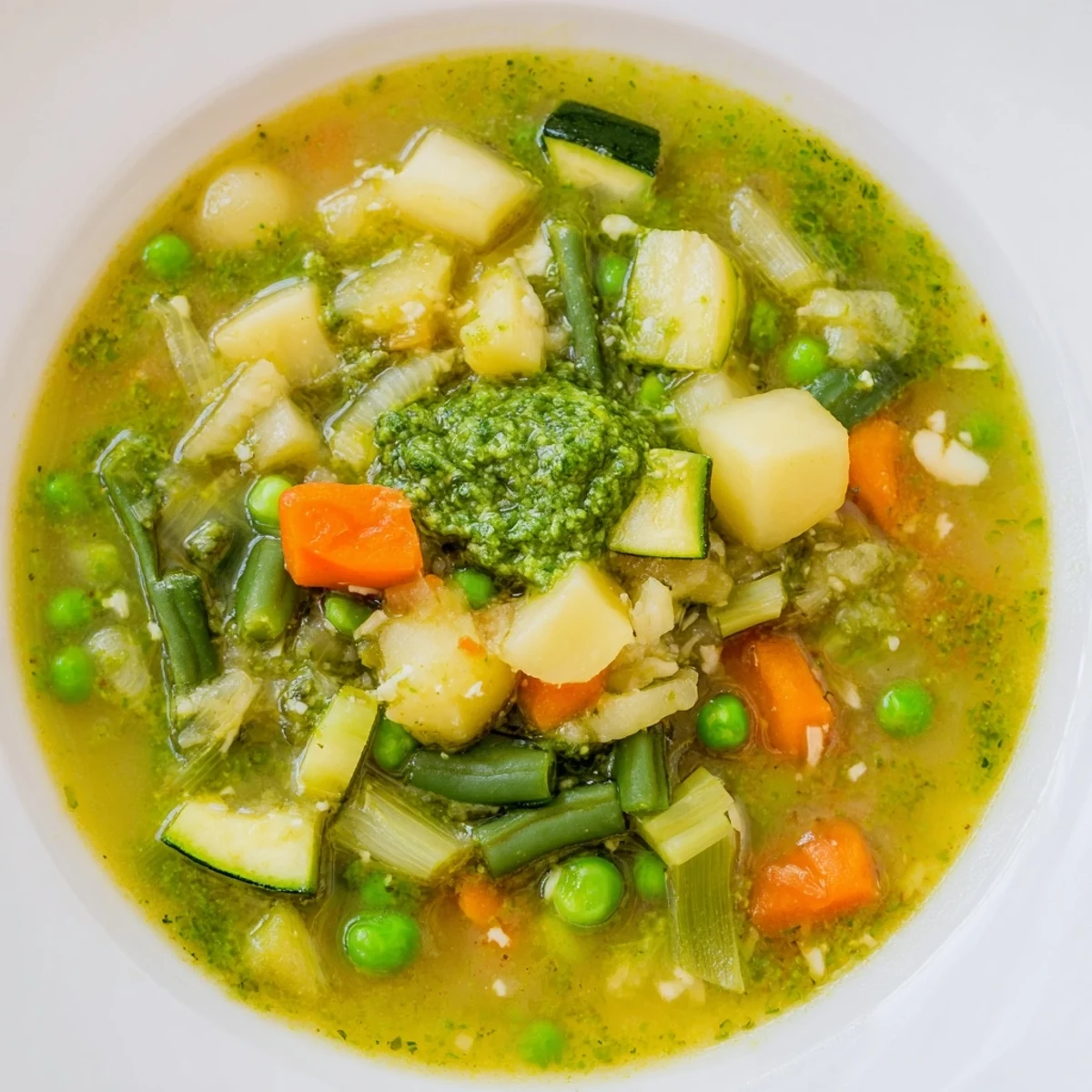 Frische Frühlingsgemüsesuppe mit Pesto-Swirl im Topf, dampfend und farbenfroh garniert.