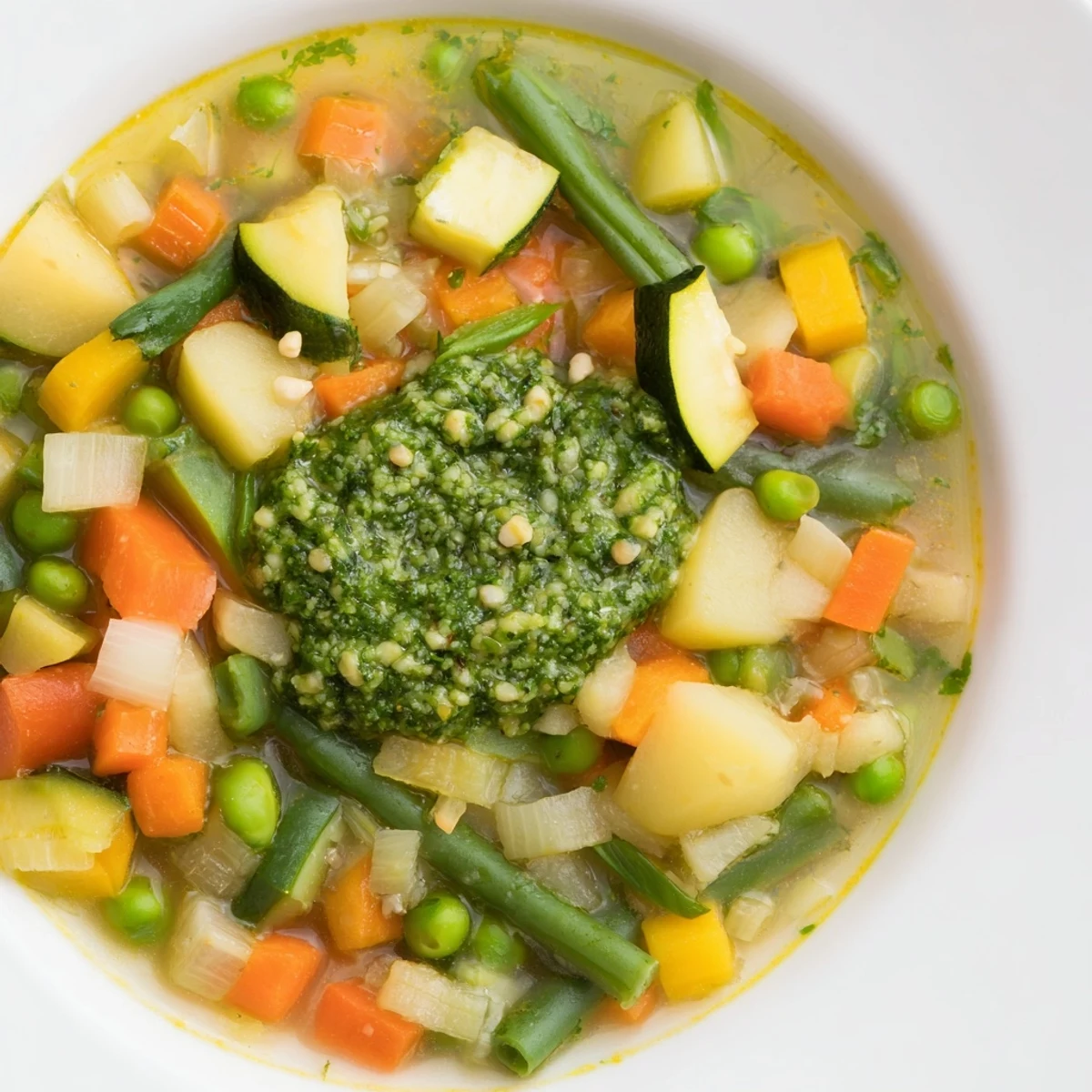 Gefüllte Schüssel der Spring Vegetable Soup with Pesto Swirl, serviert mit knusprigem Brot.