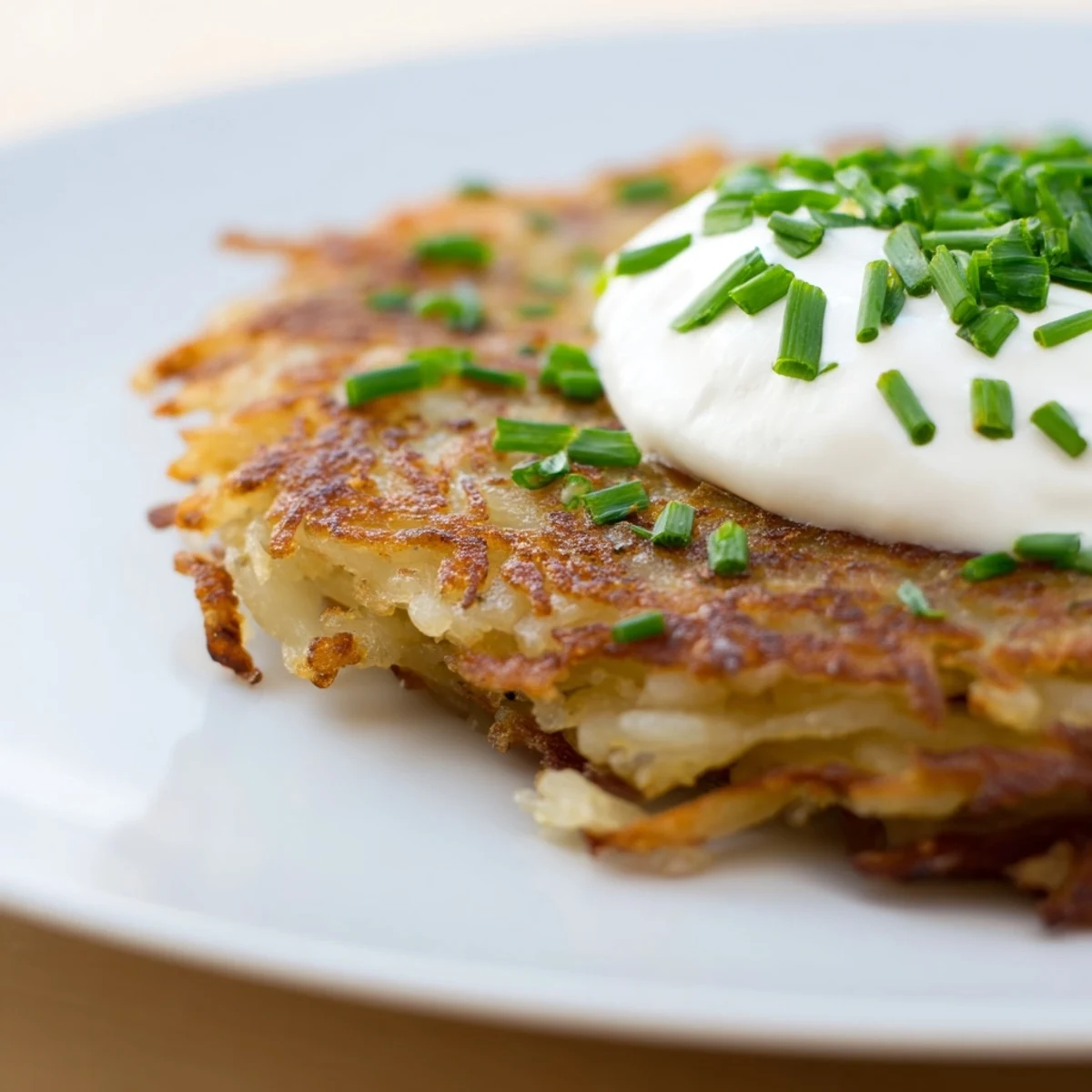 Irish Boxty mit Sauerrahm und Schnittlauch als goldbraune, knusprige Pfannkuchen auf einem Teller.