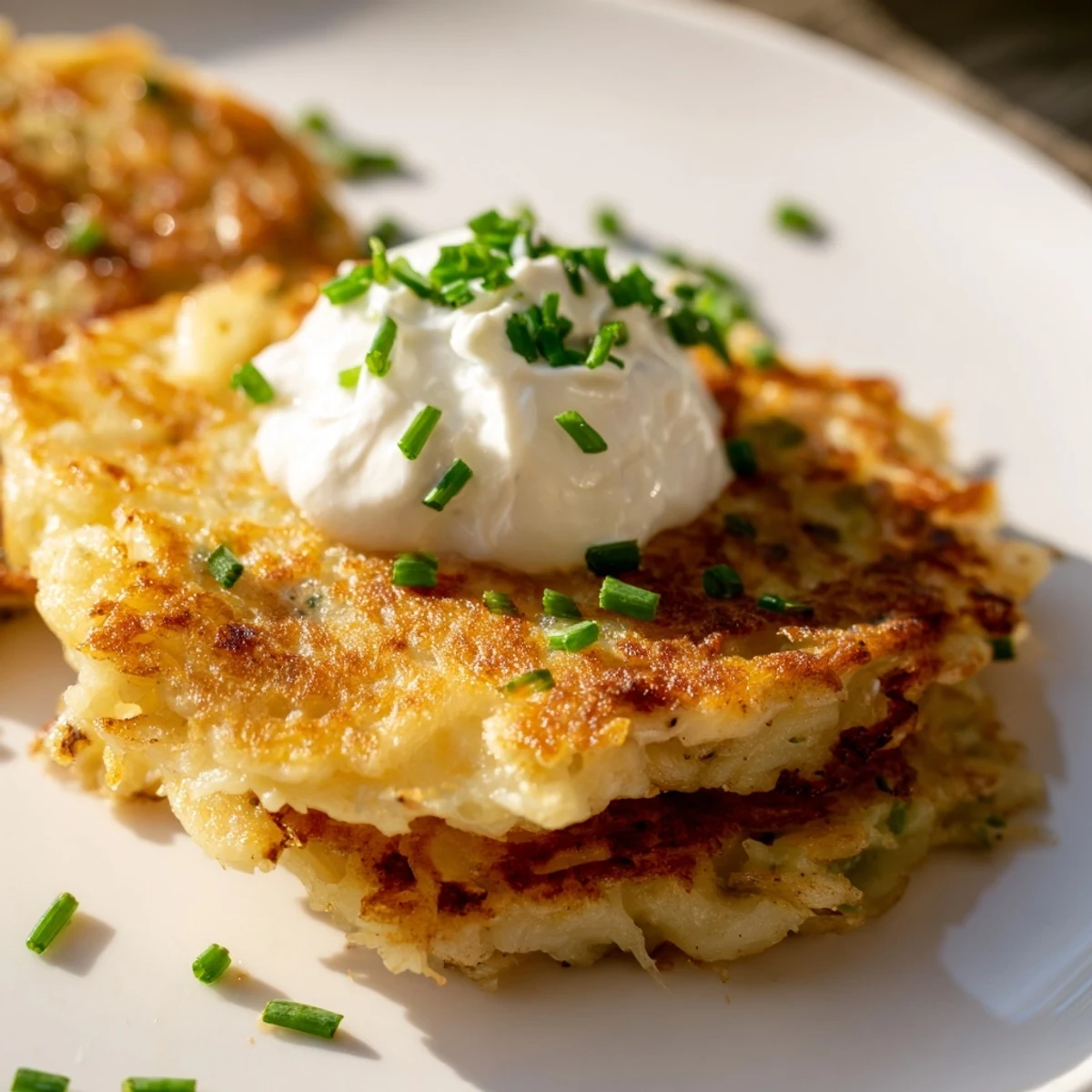 Ein Teller Irish Boxty mit Sauerrahm und Schnittlauch, warm und luftig serviert.