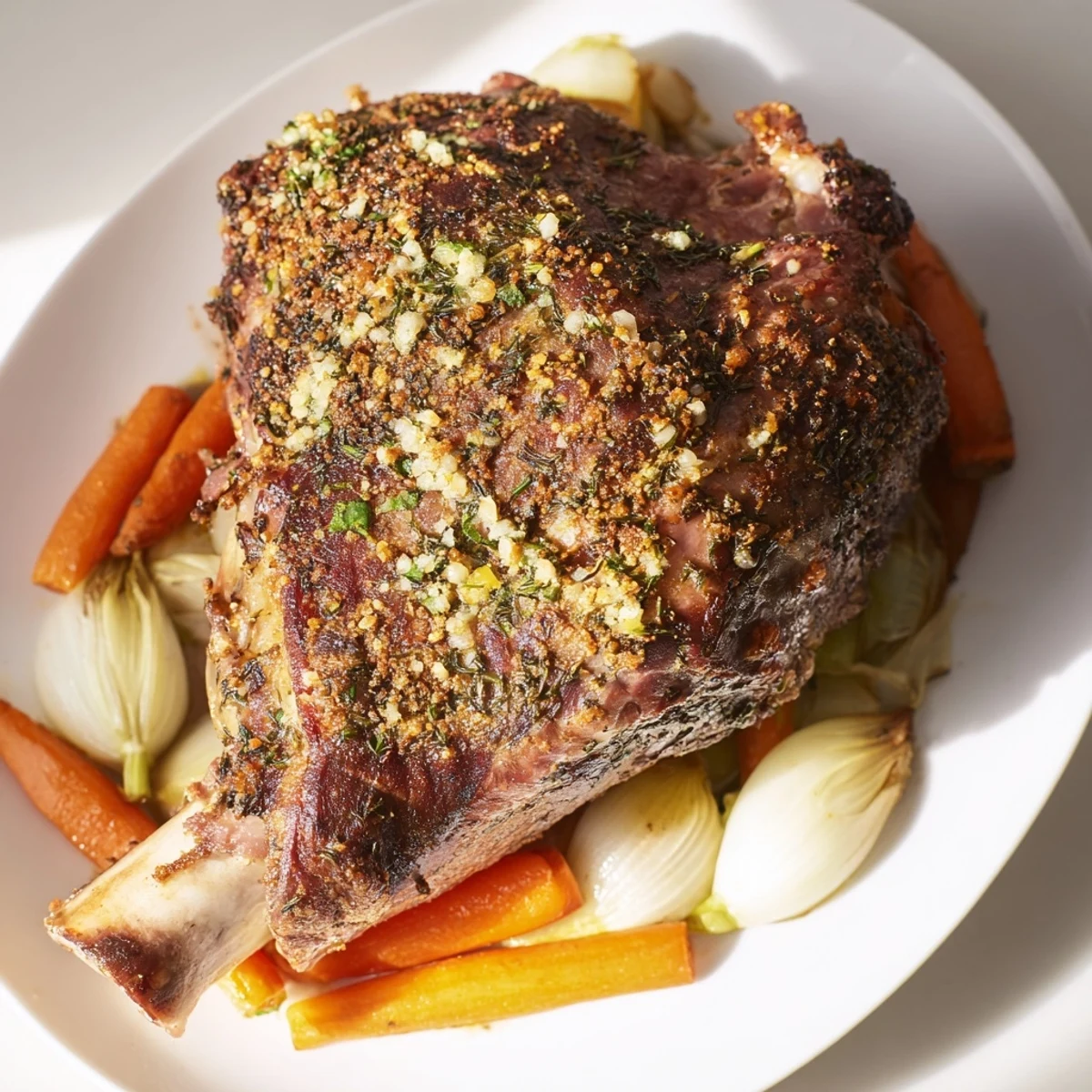 Sukzessive gebratene Lammshaxe mit Zitrusnoten, saftiges Fleisch auf einem Bett aus Zwiebeln und Karotten für Familienessen.