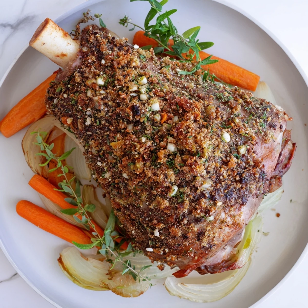 Ofenfrische Lammshaxe mit frischen Kräutern, Rosmarin und Thymian, duftet aromatisch und serviert mit knusprigem Rand.