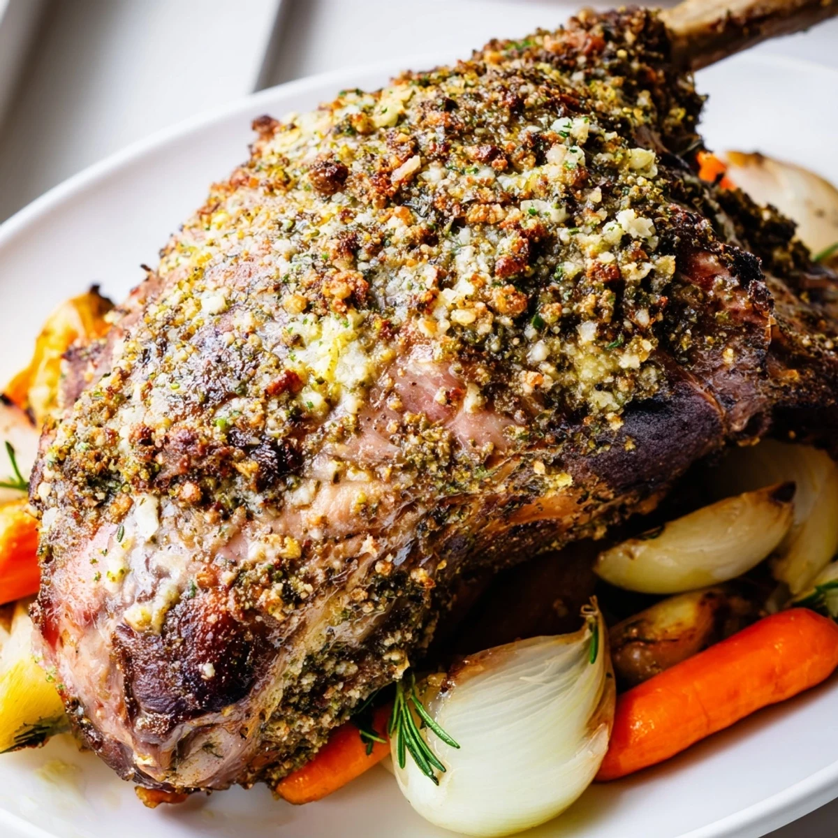 Genussvolle Lammshaxe aus dem Ofen mit Kräuterkruste, perfekt für ein rustikales Mittagessen mit rotem Wein.