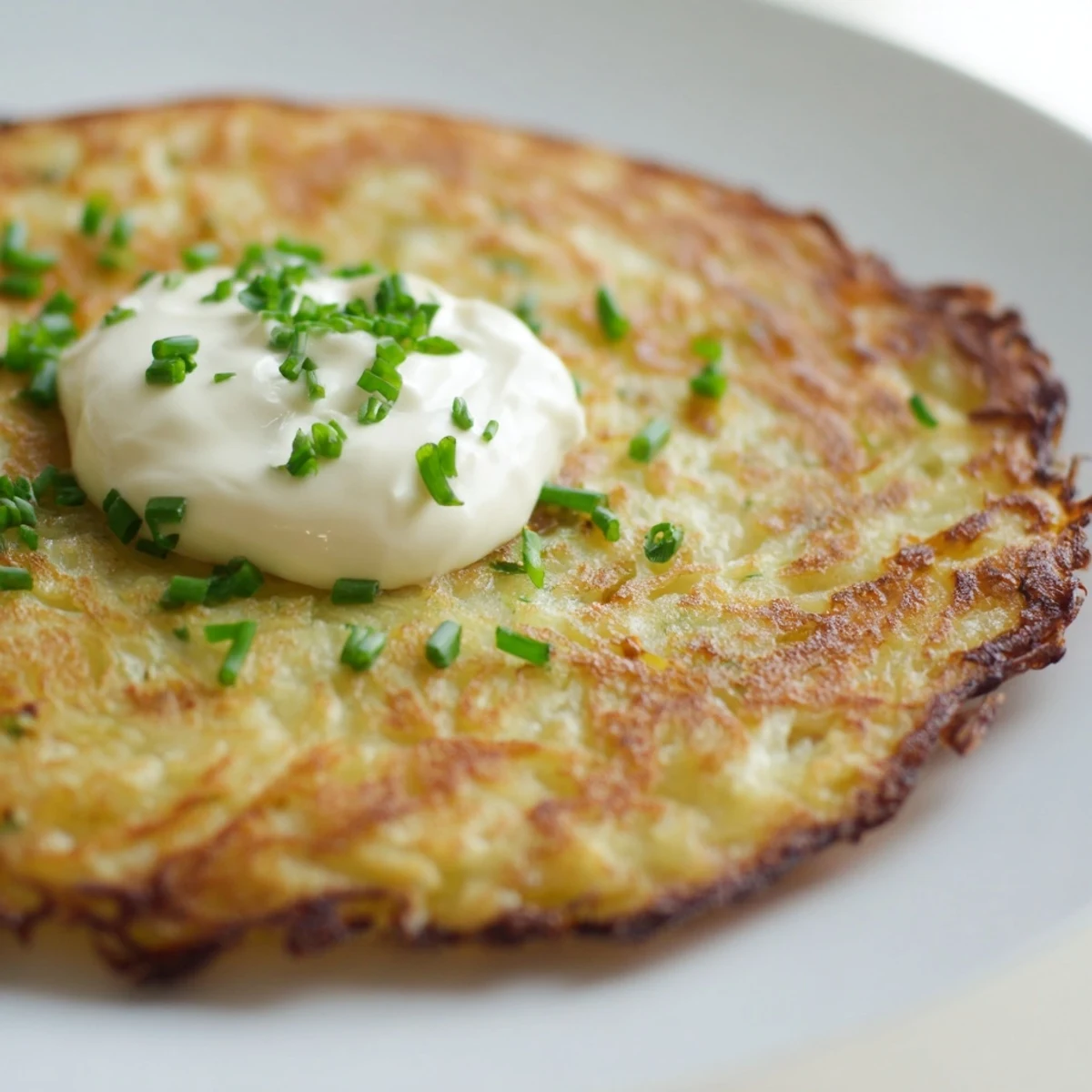 Heiße Irish Boxty aus der Pfanne, goldbraun mit Butterglanz und kühlem Sour Cream Dip.