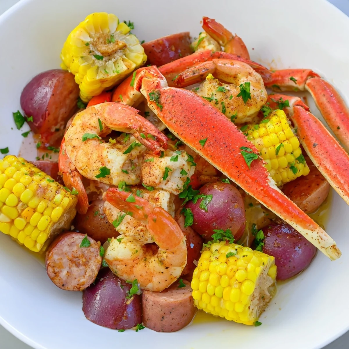 Cajun Seafood Boil with Corn served steaming on a platter with shrimp, crab, and andouille sausage