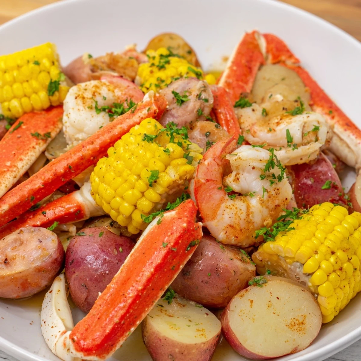 A steaming platter of Cajun Seafood Boil with Corn shows corn, shrimp, crab, sausage, and potatoes