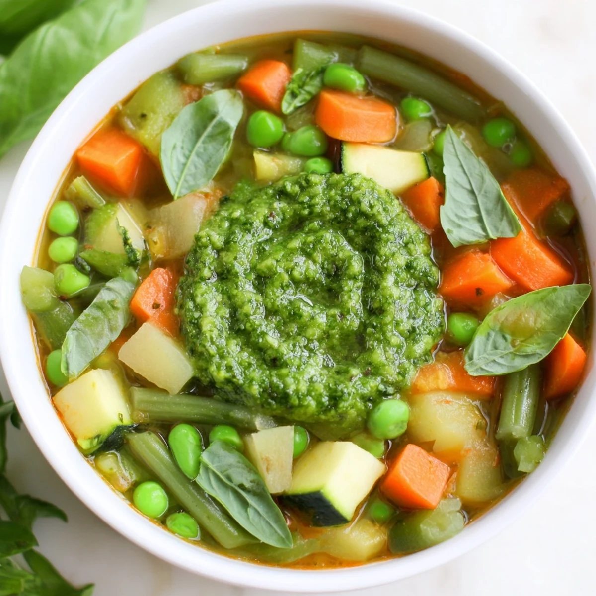 Farbenfrohe Frühlingsgemüsesuppe mit Pesto, garniert mit frischem Basilikum auf einem rustikalen Tisch.