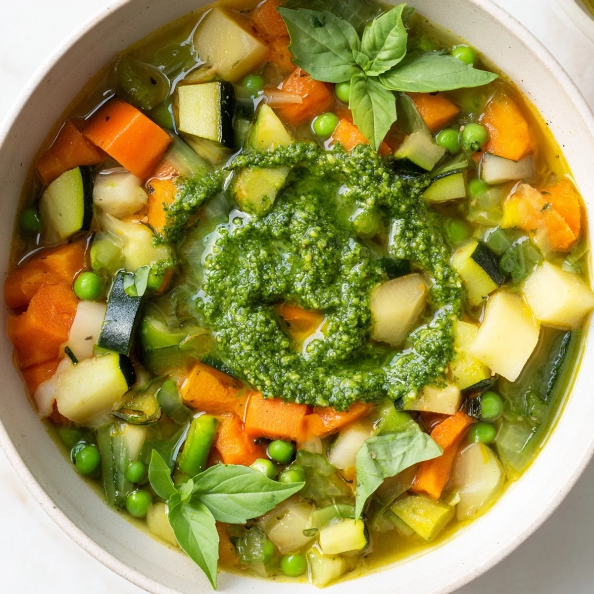 Leckere Frühlingsgemüsesuppe mit Pesto, serviert mit Brot und einem Glas Weißwein.