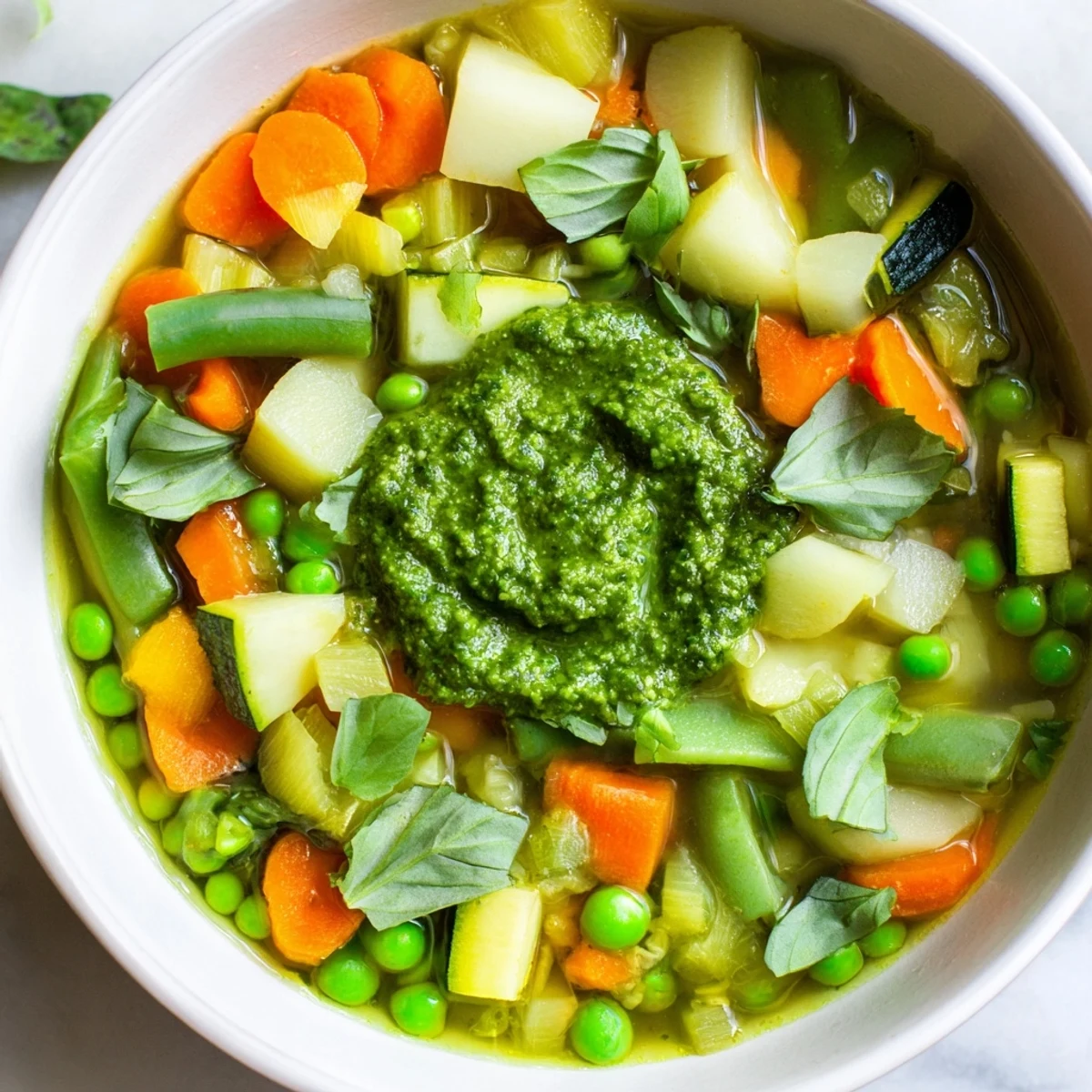 Eine dampfende Schüssel Frühlingsgemüsesuppe mit Pesto und knackigen grünen Bohnen.