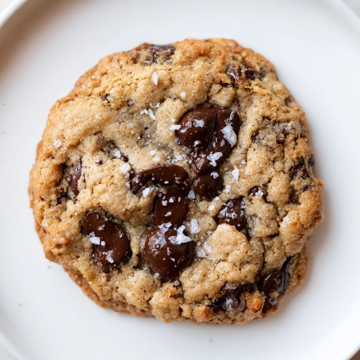 Braune Chocolate Chip Cookies with Sea Salt mit knusprigen Kanten auf Backblech aus dem Ofen.