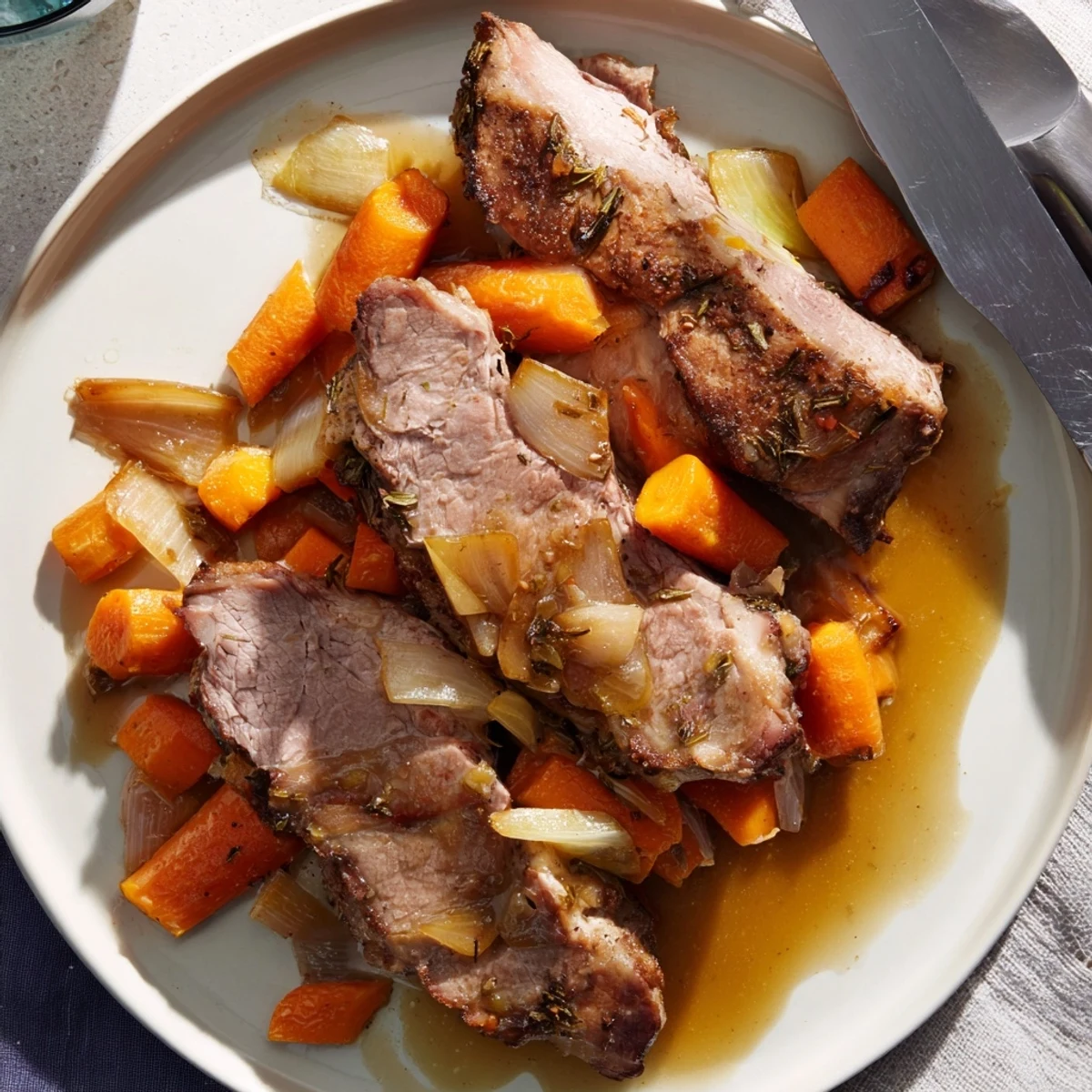 Rostetes Kräuterlamm-Schulterstück mit goldbrauner Kruste und duftendem Rosmarin auf einem rustikalen Teller.