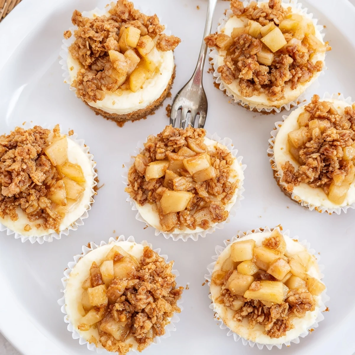 Golden oat and apple topping sits atop rich individual cheesecake cupcakes