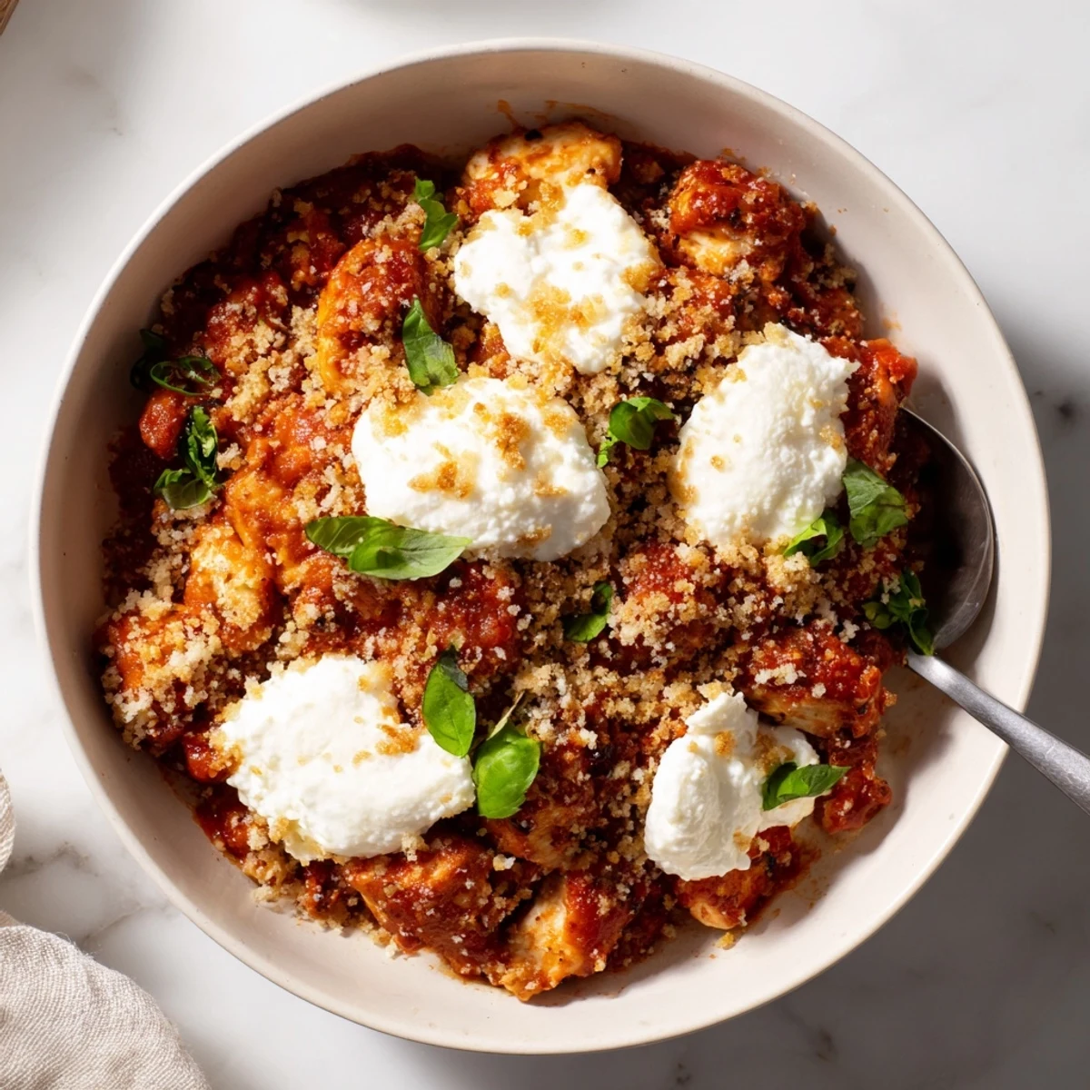 High Protein Chicken Parm Cottage Cheese Bowl mit geschmolzenem Mozzarella und knusprigem Panko-Belag