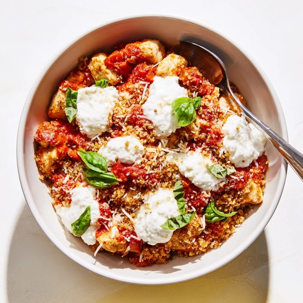 Nahrhaftes Chicken Parm Cottage Cheese Bowl mit zartem Hähnchen, Marinara und frischem Basilikum