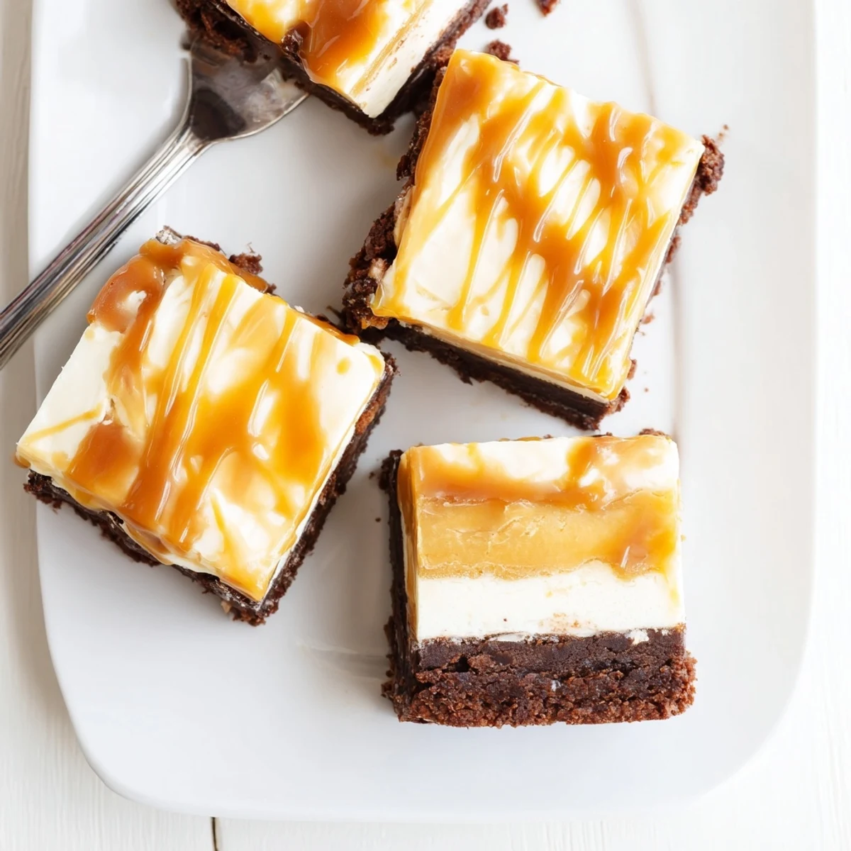 Rustikaler Caramel Brownie Cheesecake mit flüssiger Karamellsoße und cremiger Käseschicht auf einem Teller serviert