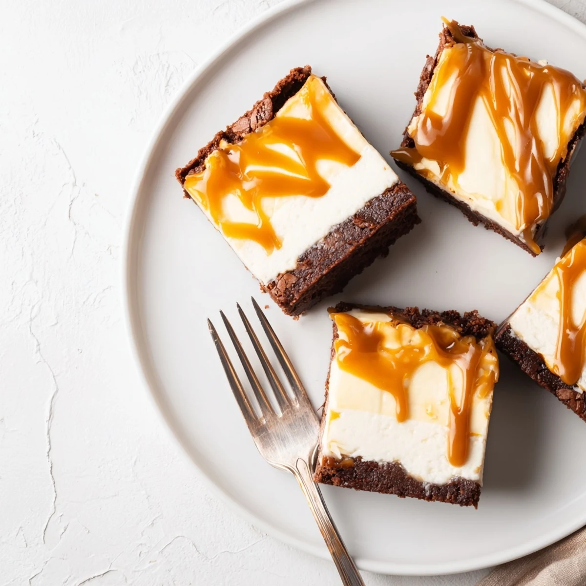 Quadratisch geschnittener Caramel Brownie Cheesecake mit goldenem Karamell-Topping auf einem weißen Dessertteller