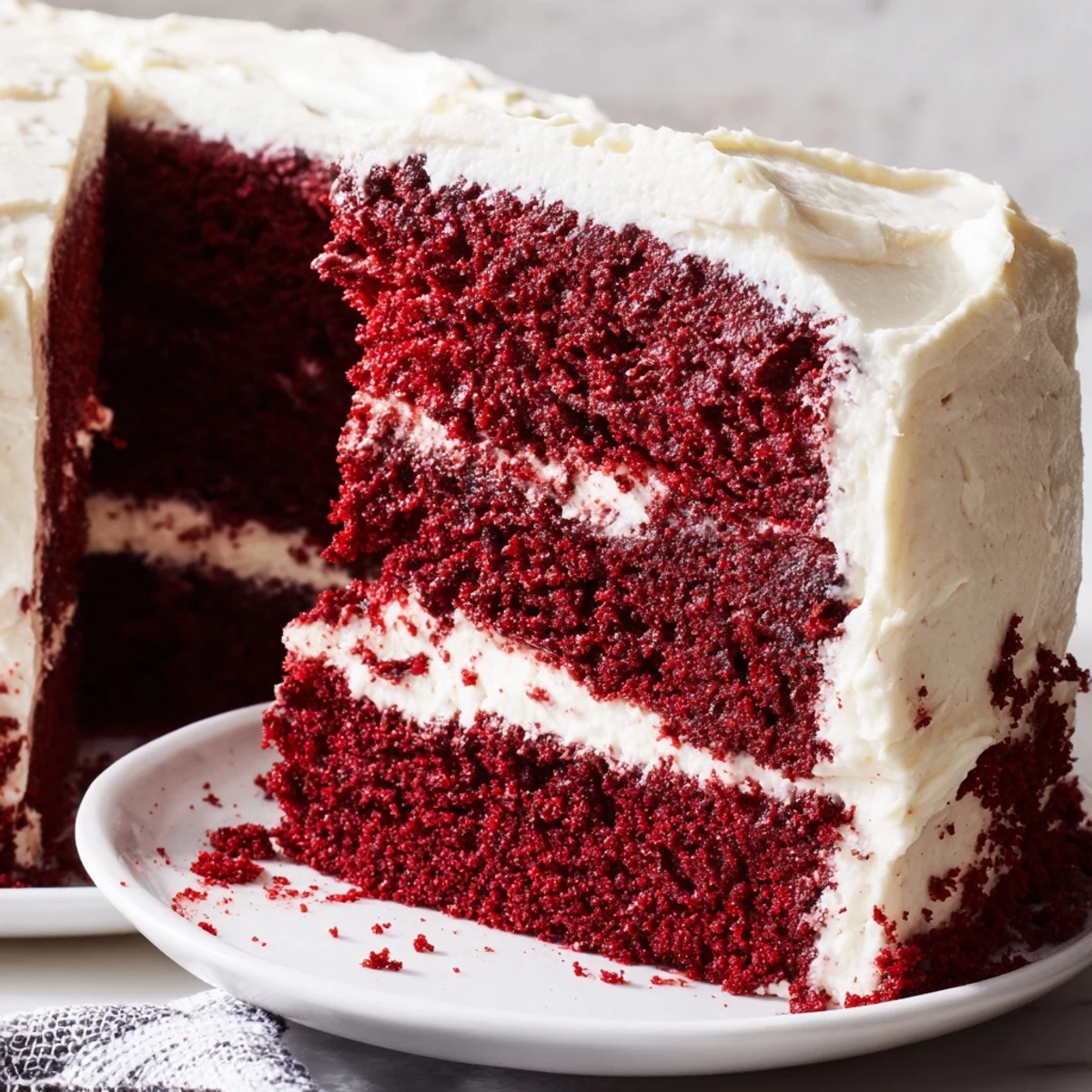 Moist red velvet cake recipe layered with creamy cream cheese frosting on a white serving plate