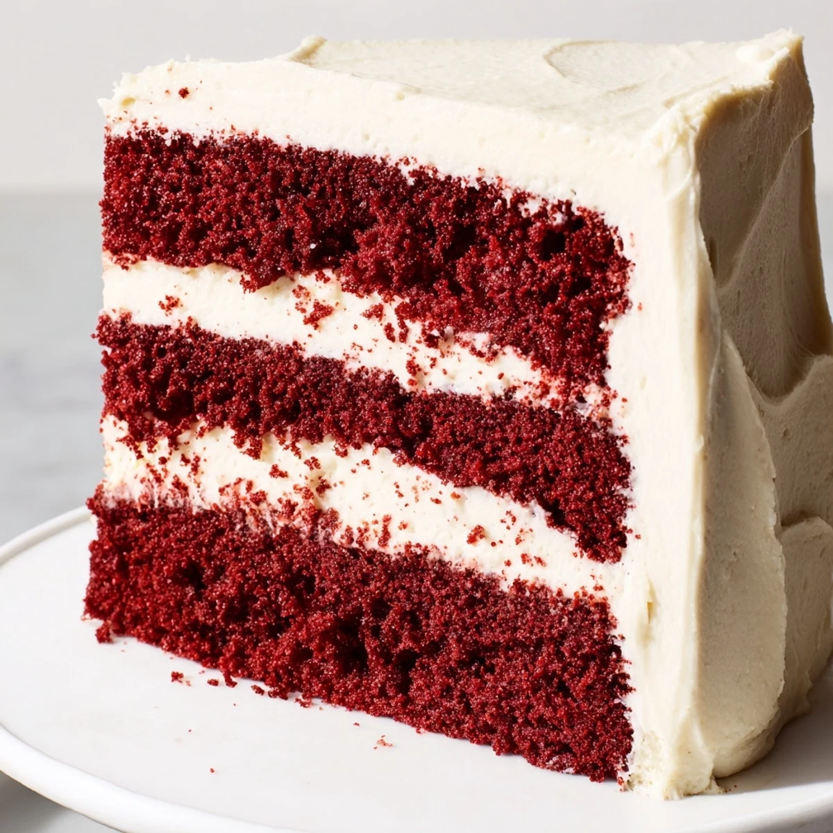 Luscious red velvet cake recipe slice revealing tender red crumbs topped with fluffy white frosting