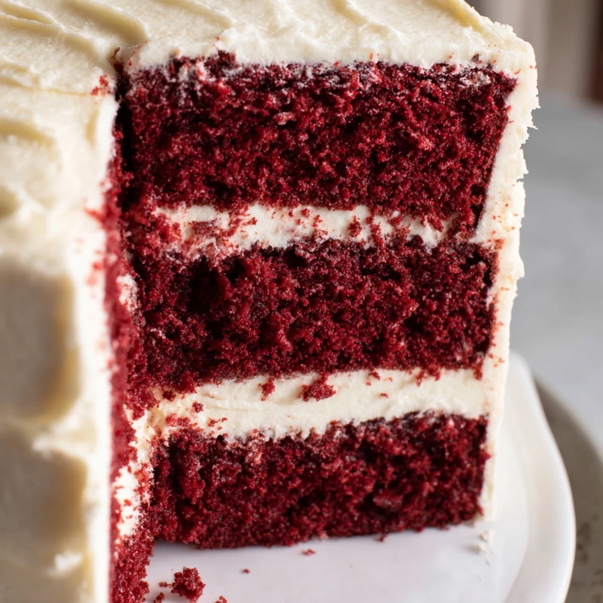Decadent red velvet cake recipe topped with smooth cream cheese frosting and garnished with cake crumbs