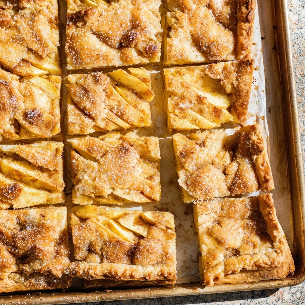 Goldene, knusprige Apfel-Slab-Pie mit lavierten Teigrändern und Zuckerguss