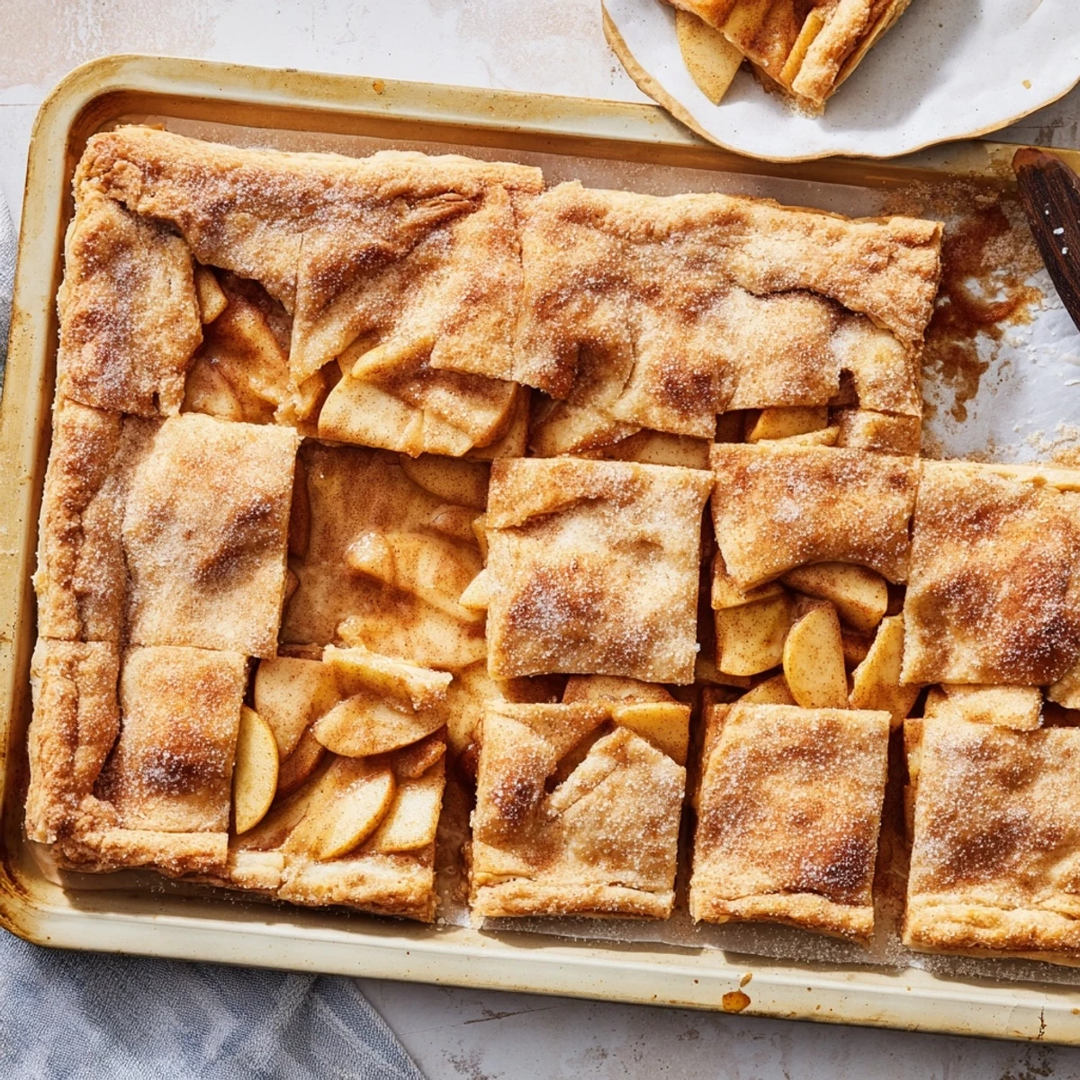 Große rechteckige Apfel-Torte mitlockerem, butterigem Mürbeteich und Zimt-Apfelfüllung