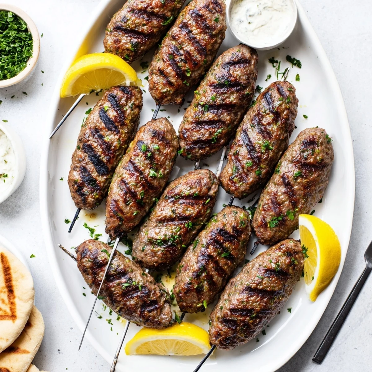 Juicy gegrillte libanesische Kafta-Spieße mit frischem Petersilie und Zwiebeln, serviert mit Pitabrot und Zitrone