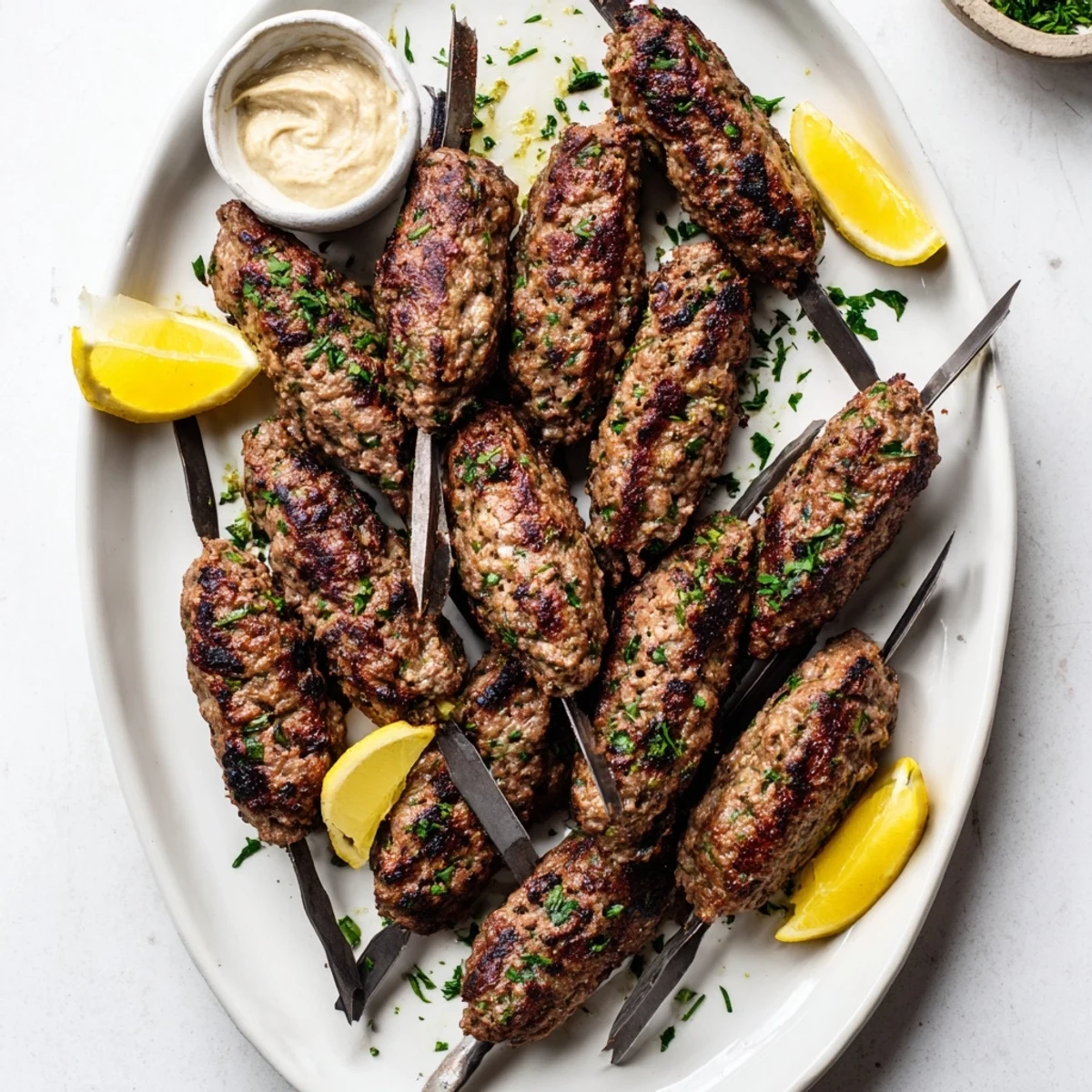 Goldbraune libanesische Kafta-Kebabs vom Grill, bestreut mit gehacktem Petersilie und dazu Tahini-Sauce