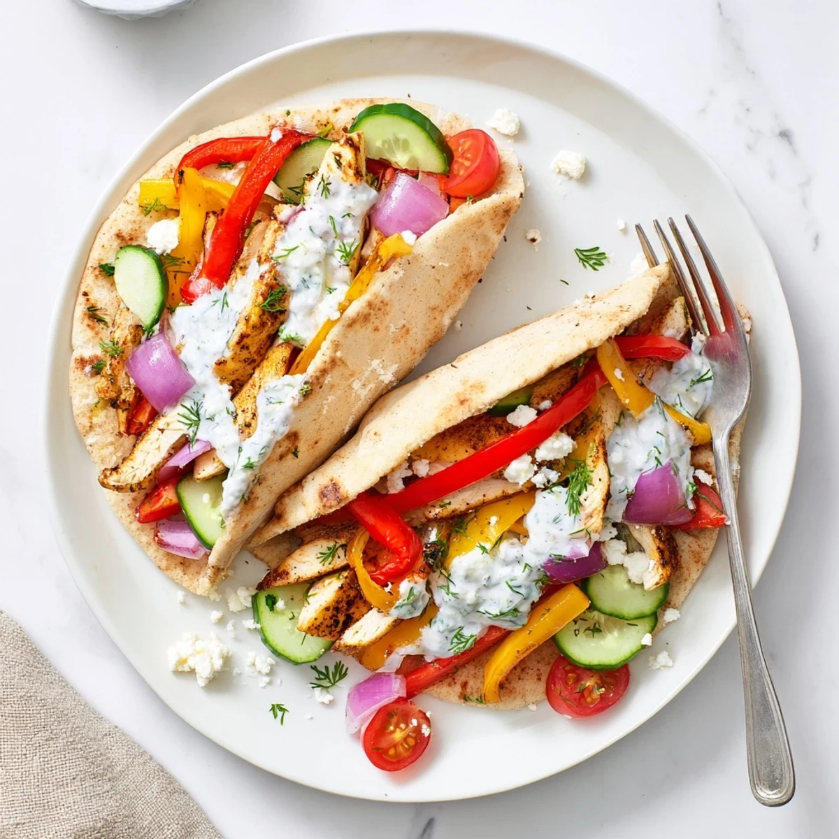 Golden Sheet Pan Chicken Pitas mit zartem Hähnchen, gegrilltem Paprika und cremigem Kräuter-Ranch-Dressing
