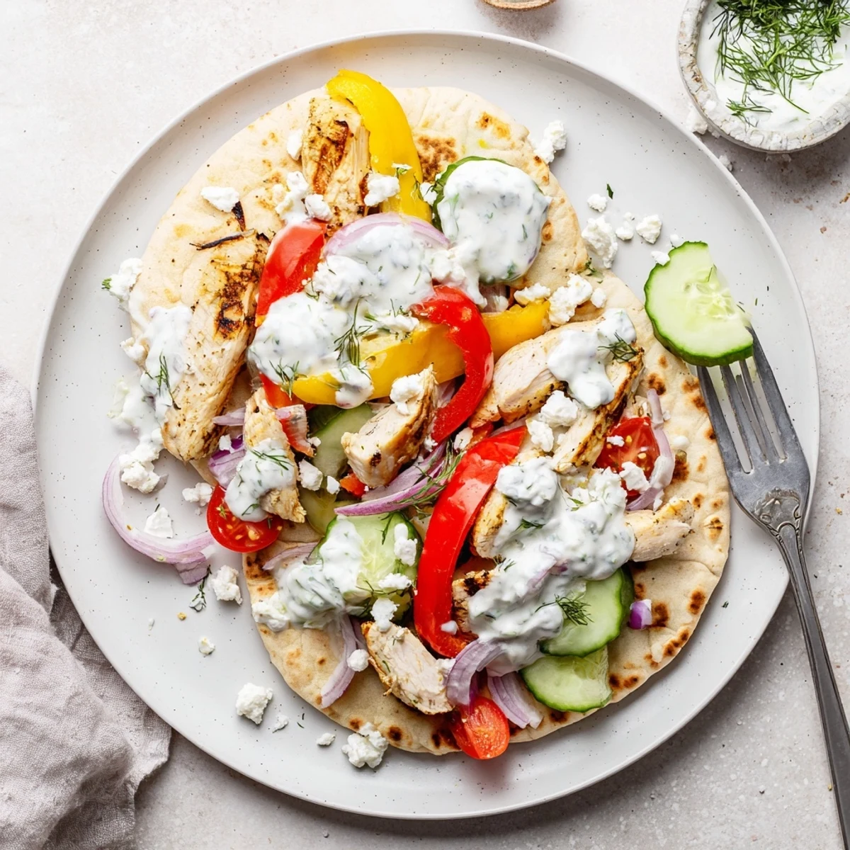 Gefüllte Pita-Taschen mit geröstetem Hähnchen, karamellisierten Zwiebeln und hausgemachtem Kräuter-Ranch-Dip