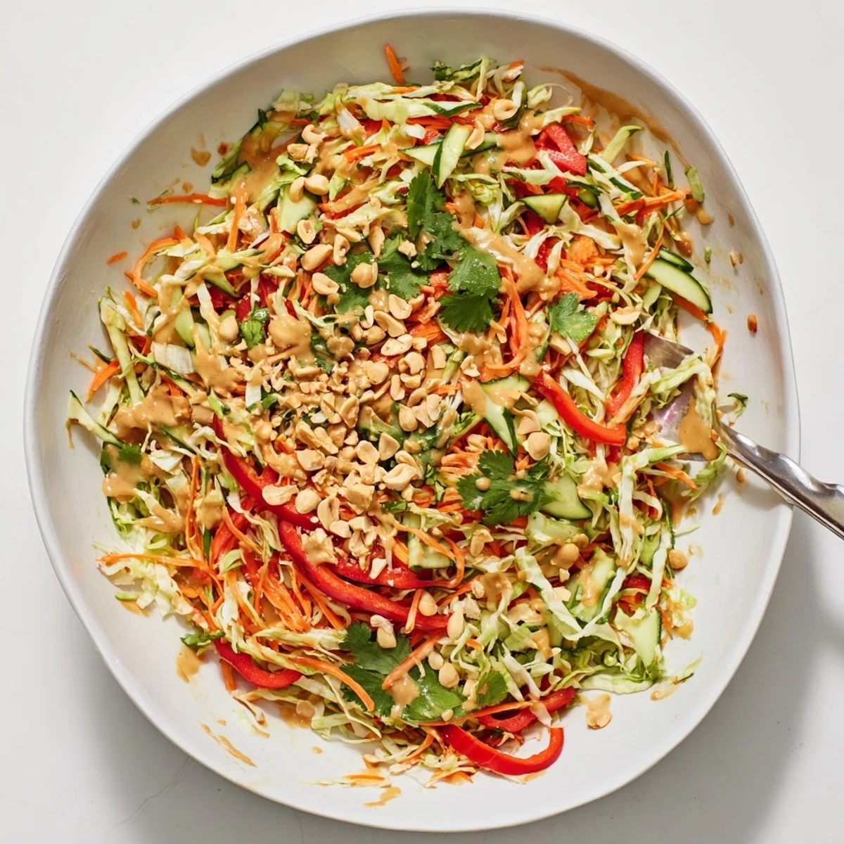 Eine frische thai-inspirierte Salatschüssel mit cremiger Erdnusssauce und buntem Gemüse