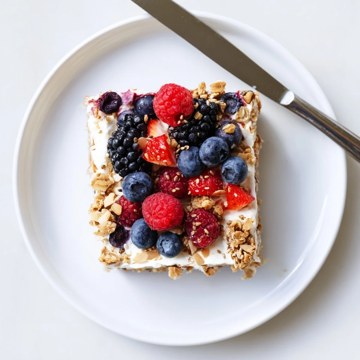 No Bake Frozen Yogurt Berry Granola Bars mit frischen Beeren und knusprigem Granola in quadratischer Form