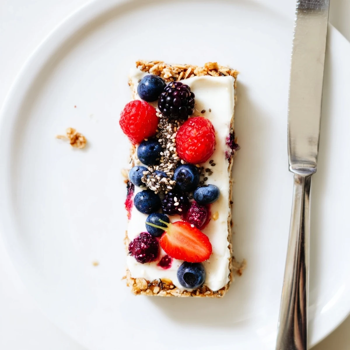 Gesunde No Bake Frozen Yogurt Berry Granola Bars mit cremiger Joghurtschicht und bunten Beerentopping