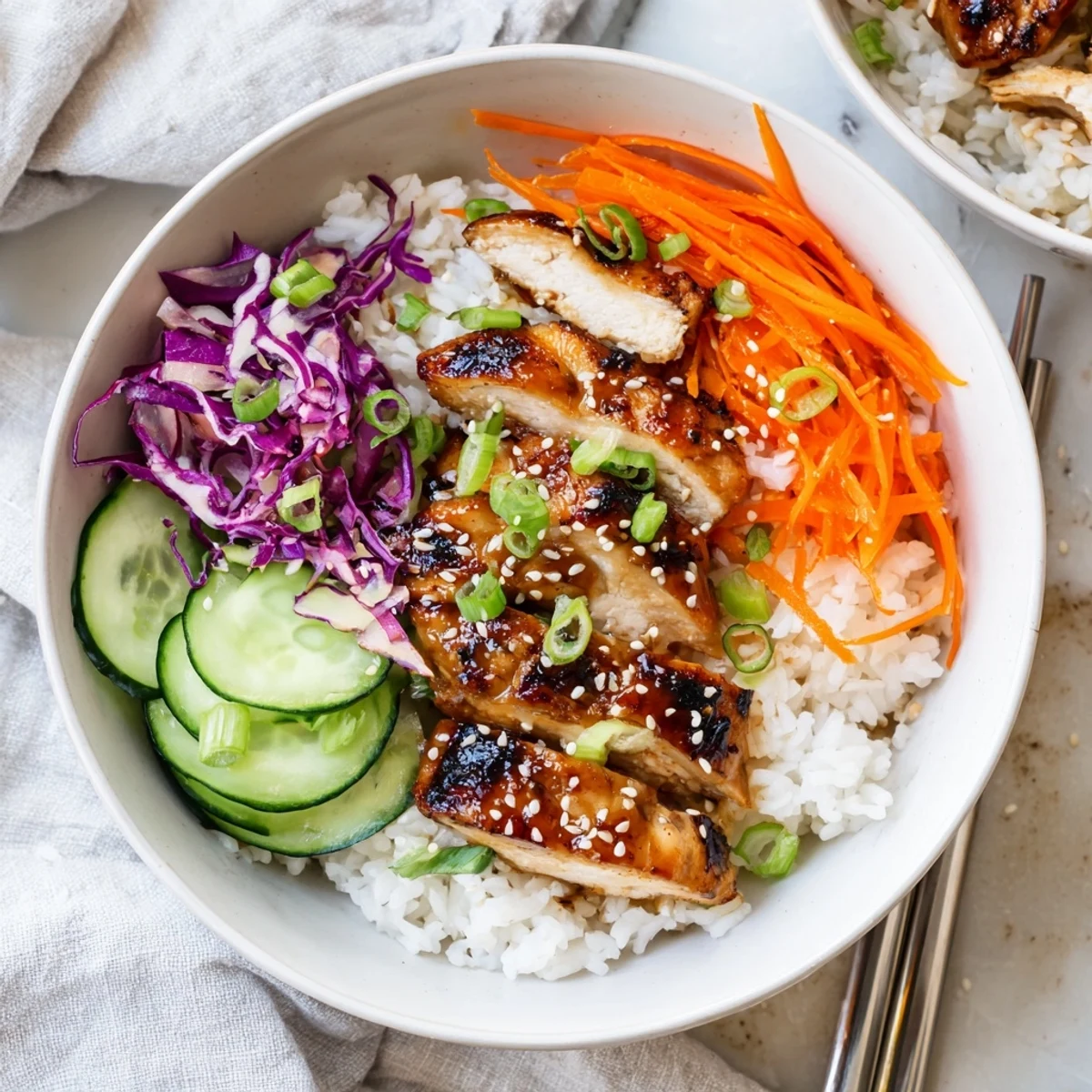 Gegrillte Hähnchenkeulen in süß-sauerer koreanischer Marinade auf Reis mit buntem Gemüse