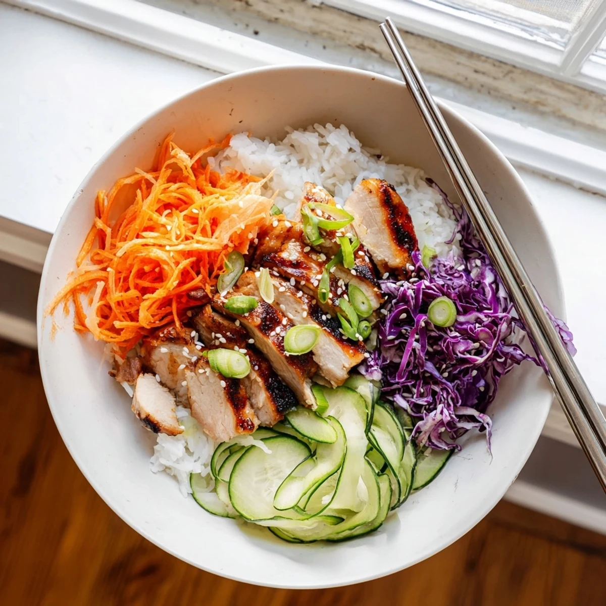 Koreanische BBQ Chicken Bowl mit saftigem Hähnchen, frischem Kohl und Sesam bestreut