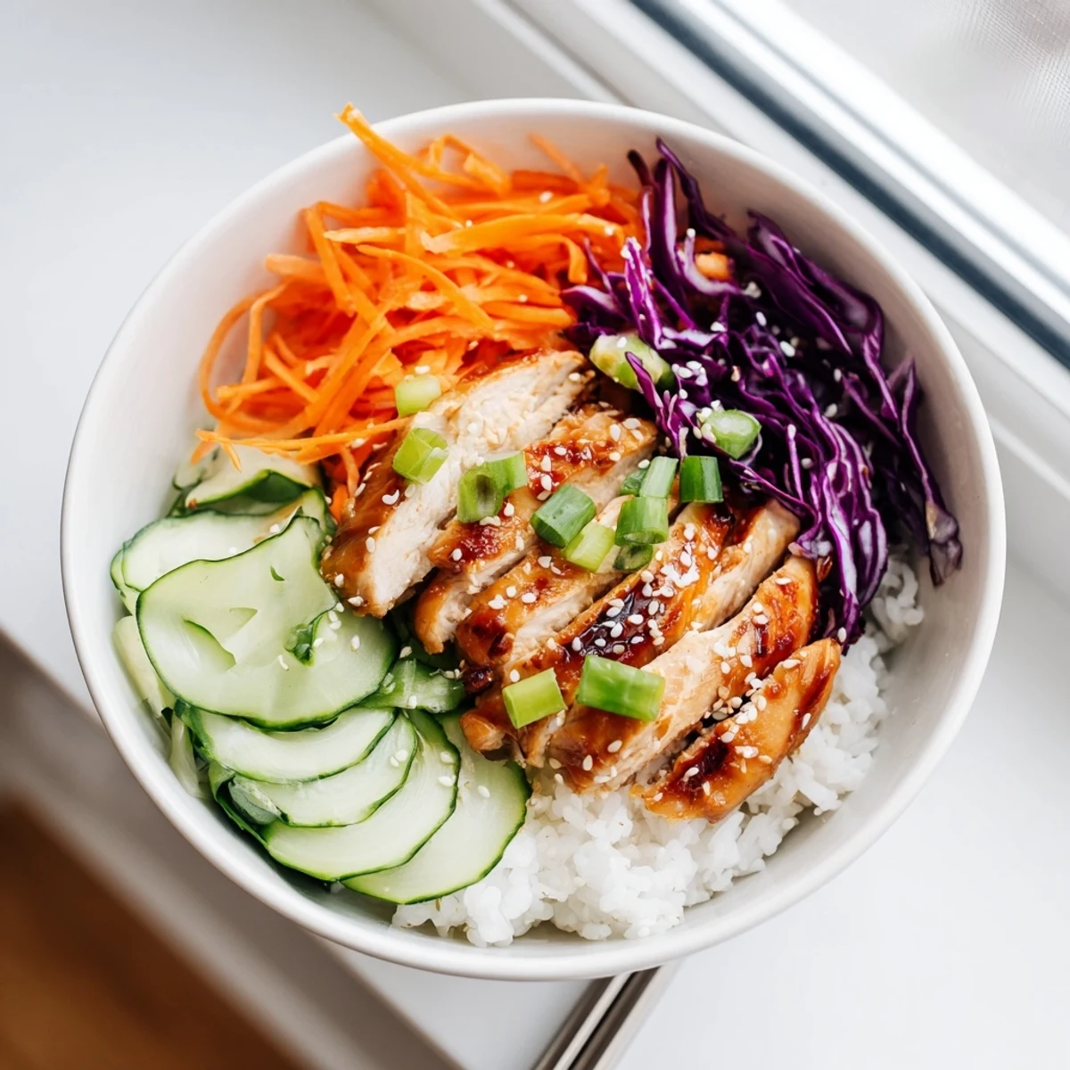 Bunte Reisschale mit koreanisch gegrilltem Hähnchen, Gurke, Karotten und würziger Sauce