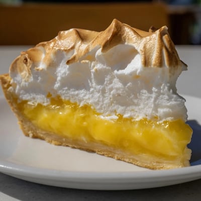 Close-up of a freshly baked Lemon Meringue Pie, showcasing its creamy filling and toasted meringue.