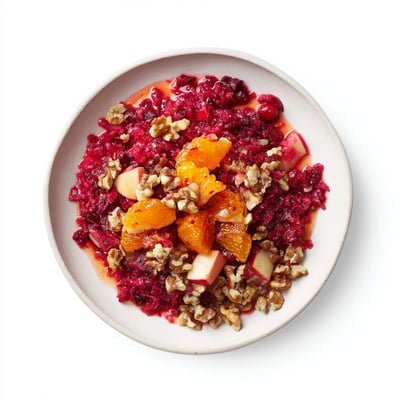 Vibrant red cranberry relish with chunks of apple and orange, ready to be served.