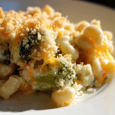 Frisch gebackene Baked Macaroni and Cheese with Broccoli, ideal als Hauptgericht für Familientische.